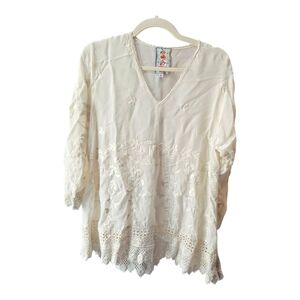Johnny Was White Lace Embroidered Boho Tunic Top Size Small